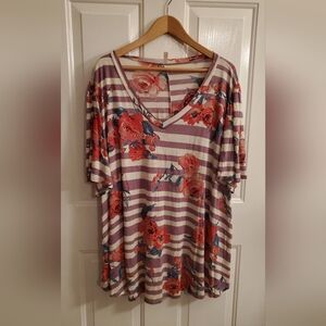 Striped Floral V-Neck Short Sleeve Top